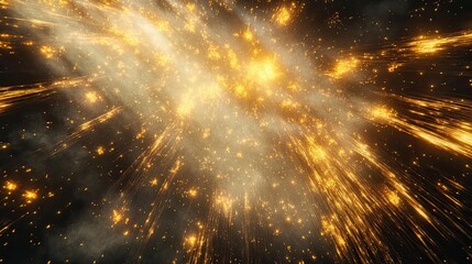Golden glowing particles and light streaks are bursting outwards, creating a dynamic visual effect symbolizing energy, speed, celebration, connection, and data flow
