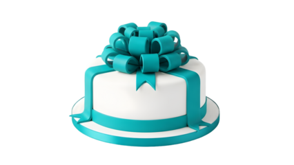 White cake with teal ribbon and bow on isolated on a transparent background teal bow