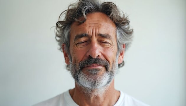 Mature man with closed eyes meditates. He has grey hair and beard. Portrait of guy relaxing, keeps calm in mindfullness practice for mental health and inner harmony in studio. - Powered by Adobe