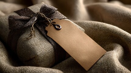 A beautifully wrapped gift with a textured ribbon and blank tag sits gracefully on a draped linen fabric creating a warm and inviting scene.