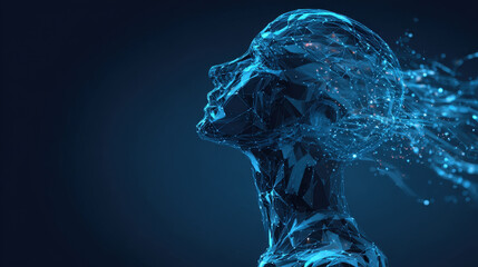 Abstract 3D rendering of a stylized human head and neck formed by a glowing, blue low-poly mesh and polygons, symbolizing artificial intelligence, machine learning, data, consciousness, and technology