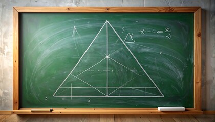 Chalkboard displaying white geometric shapes, symbols, and lines against a mottled green surface, framed in wood