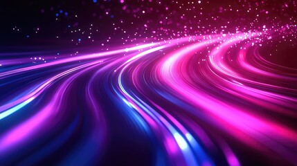 Abstract background showing flowing light streams creating a sense of speed and movement, illuminated with vibrant neon colors and sparkling particles representing data flow and digital acceleration