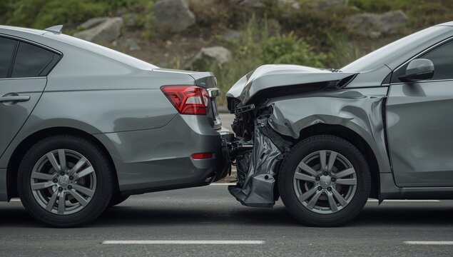 Close up view of a car crash involving two grey sedans with crushed metal frames and broken parts on road.