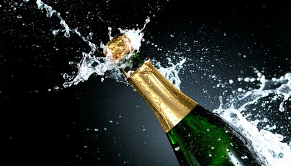 Champagne cork popping from a green bottle, liquid sprays out against a dark backdrop, dynamic motion