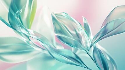 Abstract organic shapes in shimmering turquoise and pink hues, creating a modern and ethereal visual with translucent textures and elegant reflections against a soft gradient emphasizing freshness