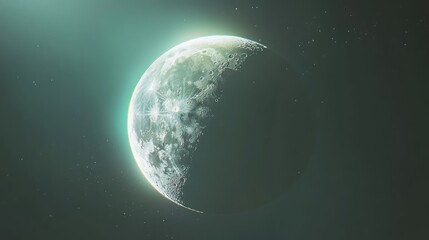 Moon disc illuminated by a bright light source on one side, creating a radiant crescent against the deep dark cosmic background with scattered stars, depicting the vastness of the universe