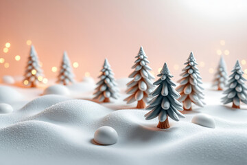Obraz premium Minimal snowy winter landscape with pine trees and warm bokeh lights, Christmas background.