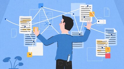 2D animated man managing documents on digital screen, workflow organization, data processing and business management concept - Powered by Adobe