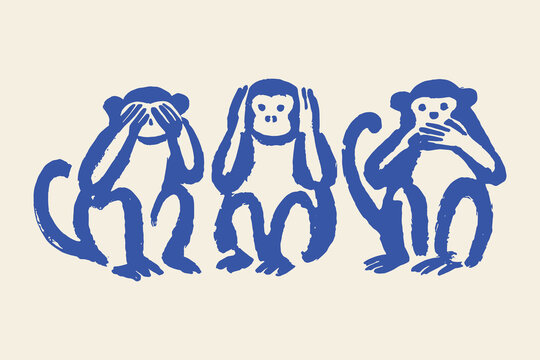 Three monkeys see hear speak minimal doodle vector illustration