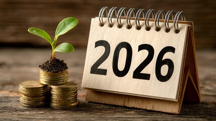 In 2026, a young plant grows from coins suggesting financial growth, investment, and prosperity in the new year on a wooden background.