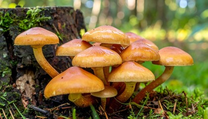 Cluster of glossy, brown-capped mushrooms growing at the base of a mossy tree stump in a lush forest setting