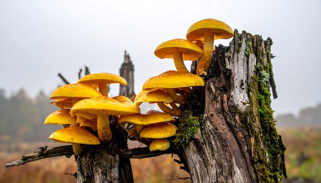 Cluster of bright yellow mushrooms grows on a weathered tree stump in a hazy, autumn landscape