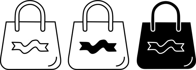 Shopping bag line icon. Outline and glyph style with festive ribbon element