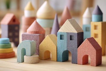 Colorful wooden building blocks in the shape of houses with smooth texture and bright pastel colors for children's play and educational activities
