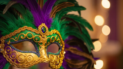 Mardi Gras feather mask adorned with vibrant colors and intricate details