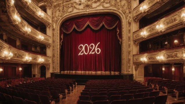 Grand Theater Stage with Red Curtains and the Year 2026.