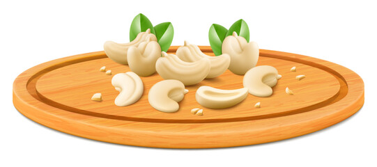 Cashew on a wooden tray or cutting board. Whole and half cashew nuts isolated on white background. Realistic nuts. Cashew kernels are ripe and tasty, a source of protein. 3d vector illustration.