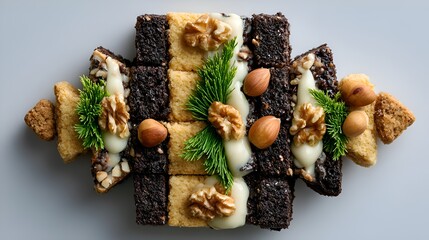 Close up of an arrangement of square cookies with nuts cream and small pine branches forming a beautiful geometric design on a white plate