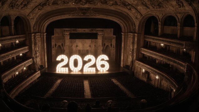 Grand Theater Stage with Illuminated 2026 Sign.