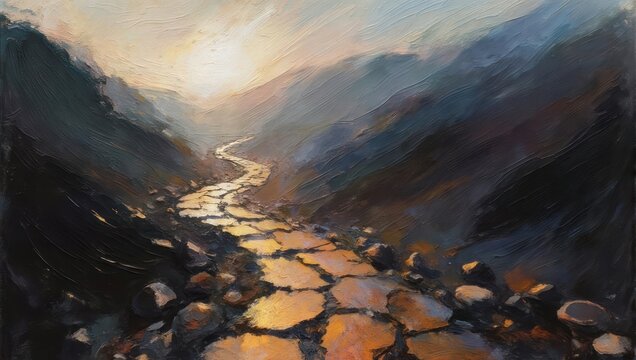 Golden River Through Mountains - A Serene Landscape Painting.