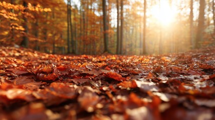 Fototapeta premium Autumn leaves cover the ground in a forest with light shining through the trees