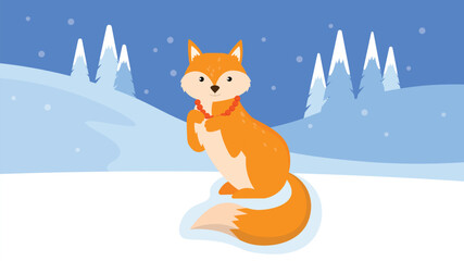 Cute fox sitting on snow in winter forest. Vector illustration.