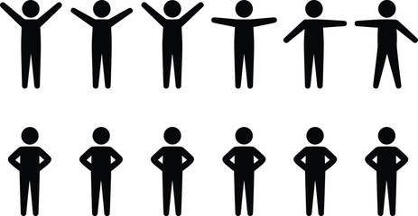 Row of black stick figure silhouettes showing different arm positions and stances people human