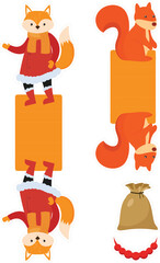 Set of cute foxes in Santa Claus clothes. Cartoon vector illustration.