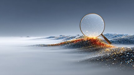 Magnifying Glass Over Abstract Glowing Wave and Fog.