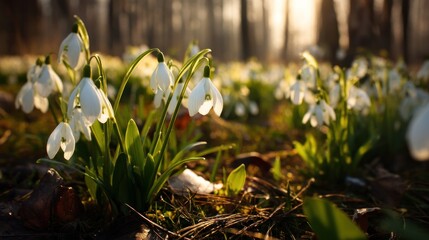 Spring flowers in forest sunlight