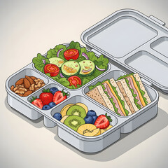 Healthy Meal in Lunchbox with Fresh Fruits and Sandwiches.