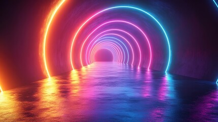 Vibrant neon tunnel with colorful glowing arches leading to the distance