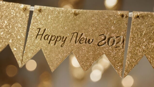 Golden New Year 2021 Banner with Festive Bokeh Lights.