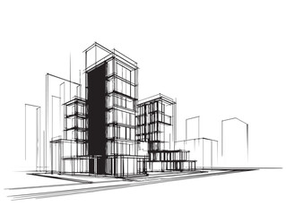 line sketch high-rise building on white background