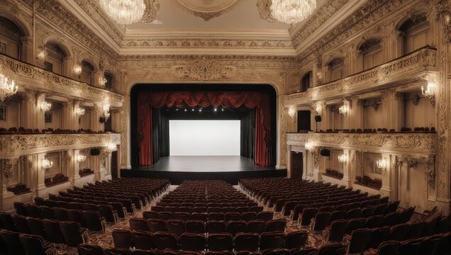 Grand theater interior with ornate balconies and plush seating.