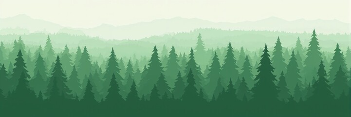 Fototapeta premium Creative digital art of a wild forest with green spruce trees in a minimalist style for website banners and posters.