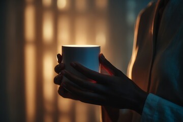 A person holding a warm mug in a dimly lit room, creating a cozy and peaceful atmosphere.