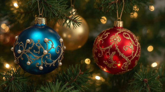 Palline di Natale con decorazioni dorate appese a ramo di abete con luci scintillanti. Generative AI