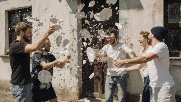 Group of friends smashing plates against a wall in celebration.