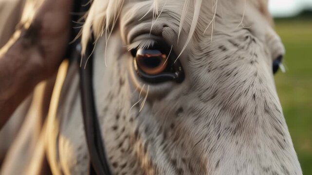 A man's hand strokes the horse's calm muzzle.