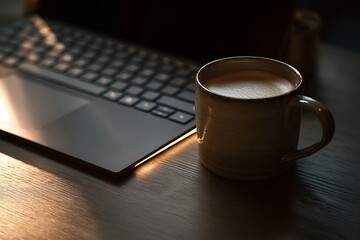 A warm cup of coffee sits beside a laptop on a wooden desk, creating a cozy workspace atmosphere.