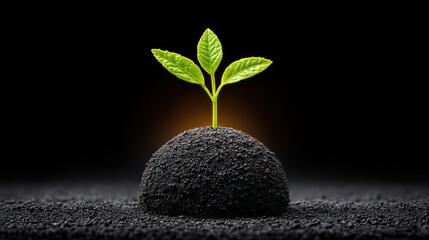 Vibrant green sprout emerging from dark soil symbolizing new life and growth.