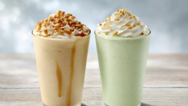 Two Tall Glasses of Beige and Green Frappes Topped with Whipped Cream and Nuts on a Weathered Wooden Table