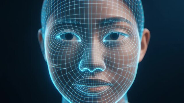 Digital face scan with glowing blue grid overlay, representing facial recognition technology and AI analysis