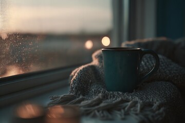 A cozy scene featuring a blue mug on a knitted blanket by a window at dawn, creating a peaceful atmosphere.