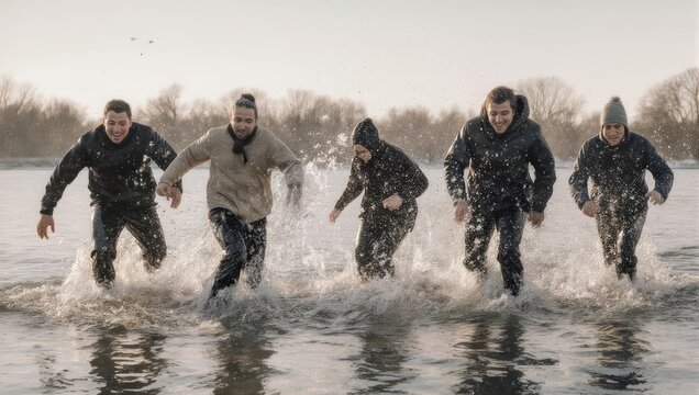 Group of friends running through water, enjoying outdoor adventure.
