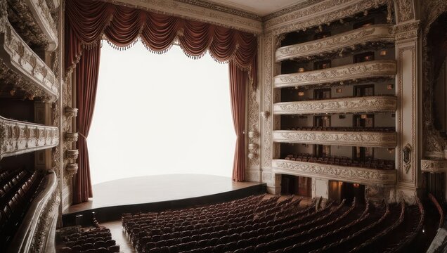 Grand theater interior with red curtains and tiered seating.