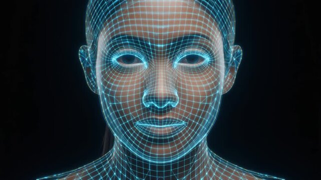 Digital face wireframe on dark background, concept of artificial intelligence and virtual reality