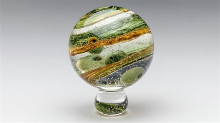 Abstract Glass Orb with Swirling Green and Brown Landscape Design.